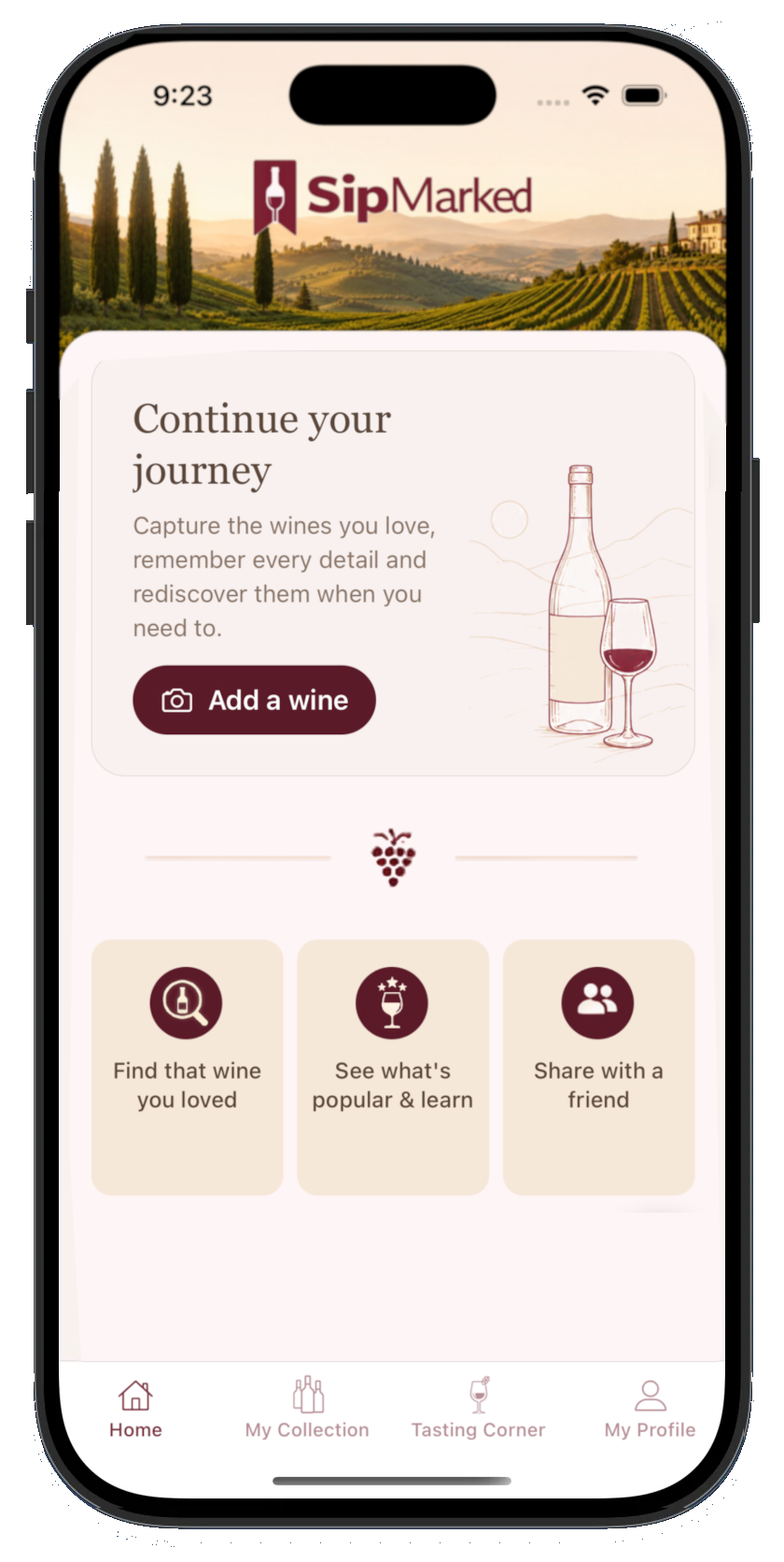Adding a wine from the SipMarked home screen